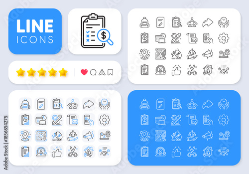 Correct answer, Project edit and Maze line icons for web app. Message, Share, Like social media icons. Pack of Video conference, Work home, Justice scales pictogram icons. Vector