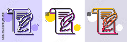 Feather signature line icon. Halftone dotted pattern. Gradient icon with grain shadow. Copywriting sign. Feedback symbol. Line feather icon. Various designs. Vector