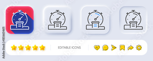 Timer line icon. Neumorphic, Flat shadow, 3d buttons. Stopwatch time results sign. Podium with countdown clock symbol. Line timer icon. Social media icons. Vector