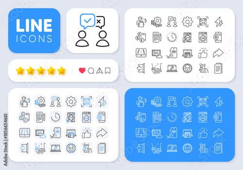 People voting, Currency rate and Voicemail line icons for web app. Message, Share, Like social media icons. Pack of Phone code, Dryer machine, Food delivery pictogram icons. Vector