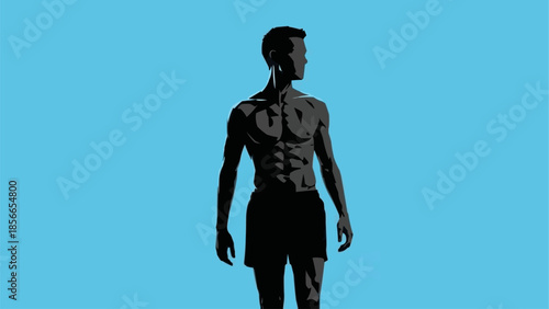 Silhouette of a muscular man standing against a bright blue background.