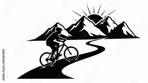 Silhouette of a person riding a bicycle on a winding road with mountains and sun in the background.