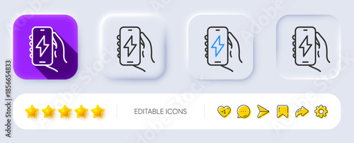 Charging app line icon. Neumorphic, Flat shadow, 3d buttons. Hand hold phone sign. Cellphone with screen notification symbol. Line charging app icon. Social media icons. Vector