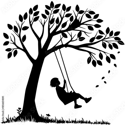 Child on Tree Swing Silhouette, Peaceful Nature Landscape with Falling Leaves