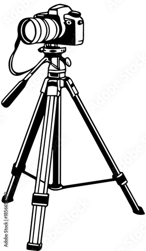 Black and White Camera on Tripod Illustration