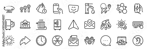 Tap water, Time management and Integrity line icons pack. Share, Message, Paper plane icons. Customer satisfaction, Refrigerator timer, 360 degrees web icon. Vector