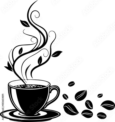 Artistic Black and White Coffee Cup Illustration with Swirling Steam and Beans – Café Culture Design