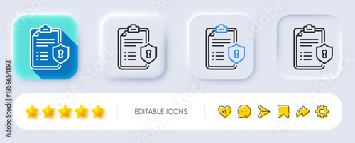 Checklist line icon. Neumorphic, Flat shadow, 3d buttons. Privacy policy document sign. Line privacy policy icon. Social media icons. Vector