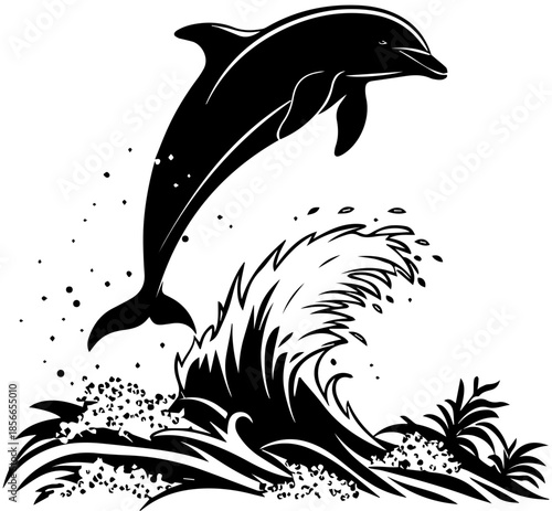 Black and White Dolphin Jumping Illustration