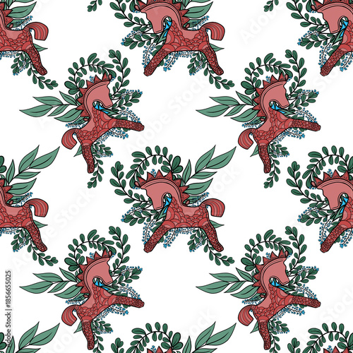 Seamless Pattern with Red Horse and Botanical Elements