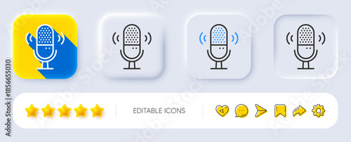 Microphone line icon. Neumorphic, Flat shadow, 3d buttons. Studio mic sign. Voice record device symbol. Line microphone icon. Social media icons. Vector