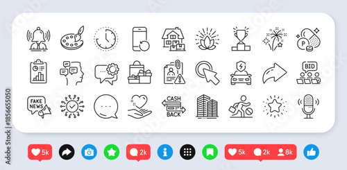 Skyscraper buildings, Microphone and Messages line icons pack. Social media: share, comment, like icons. Jobless, Security network, Hold heart web icon. Vector