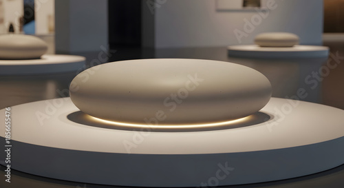 Contemporary circular display platform with pebble like top illuminated underside presenting smooth curved forms in modern gallery setting