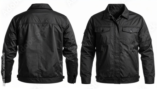 Black utility jacket with high collar, zip front, flap pockets, and clean back view.