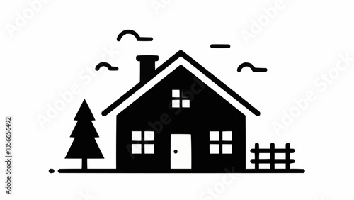 Simple Black Icon of a House with a Tree and Fence.