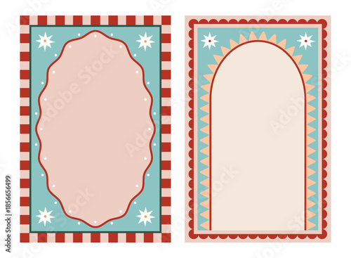 Set of boho frames with stripes, wavy edges, evil eyes and sun. Modern fancy ethnic design elements for invitation, card, poster or banner. Mexican style. Hand drawn minimal  illustration. Flat vector