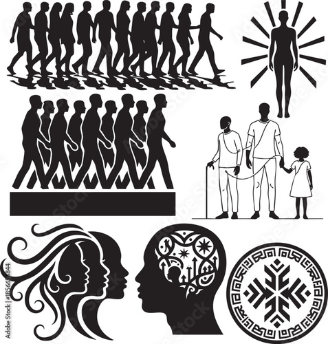Human Evolution, Life Stages and Psychology Silhouette Set