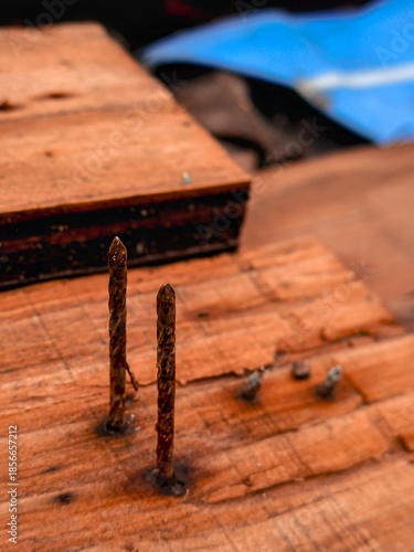 Rusty nails rising from wet weathered wood surface 