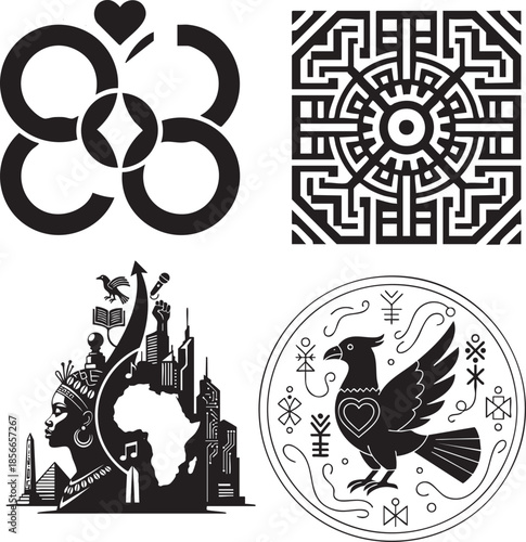 Abstract Cultural Symbols and Mythical Emblem Silhouette Set