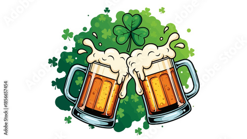 Vibrant Irish Beer Mugs Toasting with Frothy Foam and Shamrocks