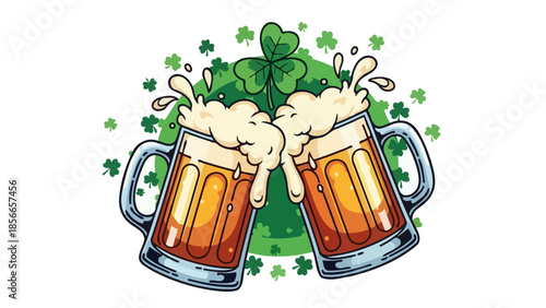 Cheers to Irish Celebration: Two Beer Mugs Clinking with Shamrocks and Foam