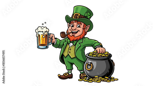Cheerful Leprechaun Holding Beer Mug and Pot of Gold, St. Patrick's Day Symbol