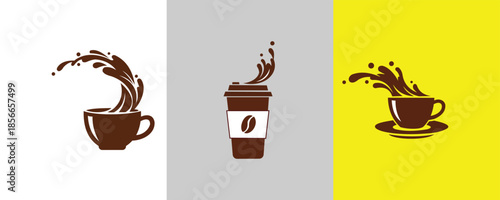Set of three coffee splash icons cup with splash, togo cup, and cup with splash on saucer on yellow background, vector illustration