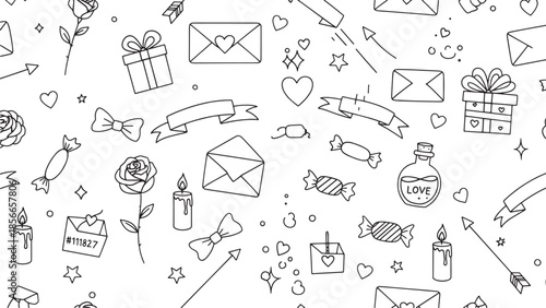 Seamless pattern with love and romance icons, handdrawn doodle style