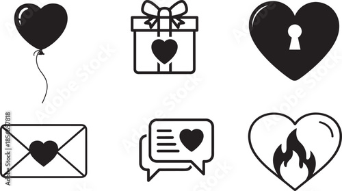 Set of six black and white love and romance icons for valentines day