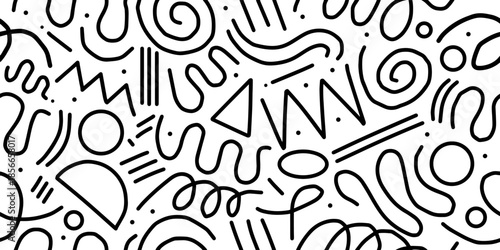 Seamless abstract doodle black line art pattern hand drawn. Minimalist scribble seamless background