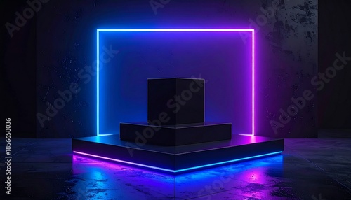 3D render of a stage with cube platforms, neon lights, and a dark background