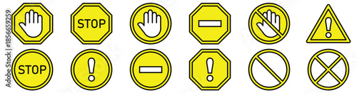 Warning Stop Icon Set Featuring Sign and White Hand