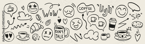 Hand drawn coffee and emotions doodle icon set with funny faces, quotes, cups, snacks and mood symbols. Playful black line art elements for stickers, social media, cafes and lifestyle branding.