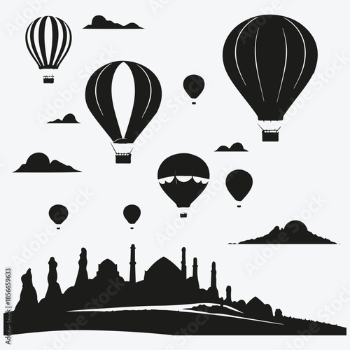 Cappadocia landscapes with hot air balloons sketch illustration vector