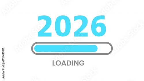 2026 Loading Screen, Blue Progress Bar with Text at Bottom, Minimalist White Background