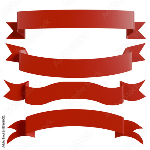 Free Download 3D render red ribbon banners isolated on white background. Includes straight, curved, and wavy designs for awards, celebrations, sales, and Christmas titles - GFXLoad