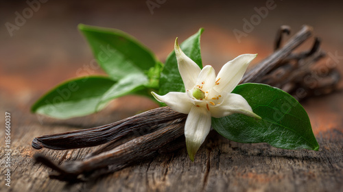 Delicate vanilla flowers with creamy white petals and green leaves resting on a rustic wooden surface