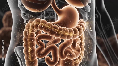 Detailed 3D rendering of the human digestive system, highlighting the intricate gut microbiome and its essential functions for metabolic health and nutrient absorption