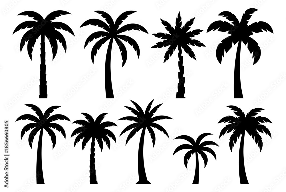Obraz premium Tropical palm tree silhouettes collection set for summer beach and travel design