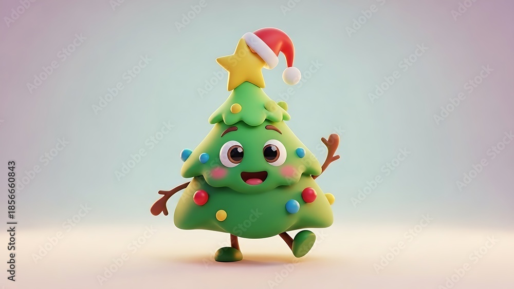 Fototapeta premium Cute Christmas tree character wearing Santa hat and running happily