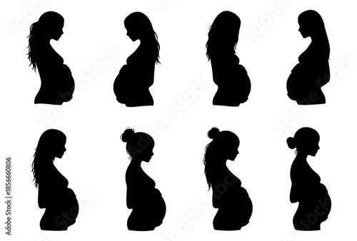 Pregnant woman silhouette collection set showing side profile with baby bump