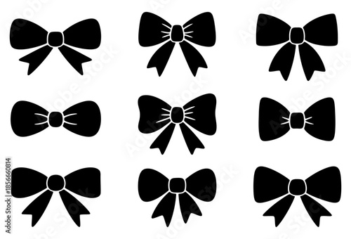 Set of black decorative ribbon bow silhouettes for gift decoration and design