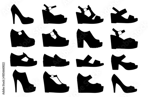 Women shoes silhouettes collection vector set of black high heels sandals and wedges icons