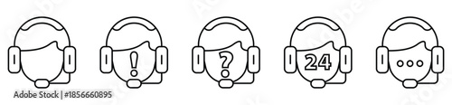 Simple Line Customer Service Icons Featuring Headphones and Live Chat