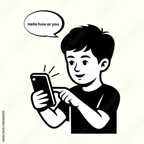 Boy Using Smartphone Vector Illustration, Chat Messaging Social Media Icon, Digital Communication Clipart
