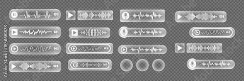 Music mockup on transparent background. Liquid glass music screen interface, push notification button. Audio music screen mockup with sound button, music icons, vector.