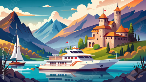 Very beautiful travel scene of a luxury yacht on calm waters, framed by majestic Swiss mountains and a historic lakeside castle, creating a peaceful atmosphere of elegance and relaxation.