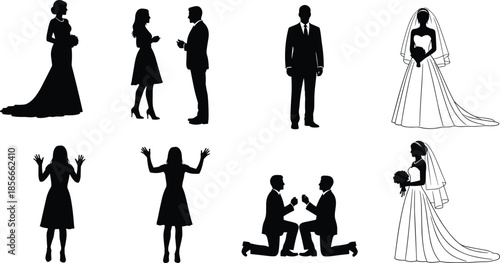 Set of wedding silhouettes and outlines, bride in gown, groom, same sex couple, romantic marriage figures,
