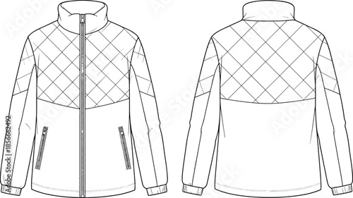 Technical fashion sketch of quilted jacket, front and back view, long sleeve, zipper closure, winter outerwear design template, apparel mockup.