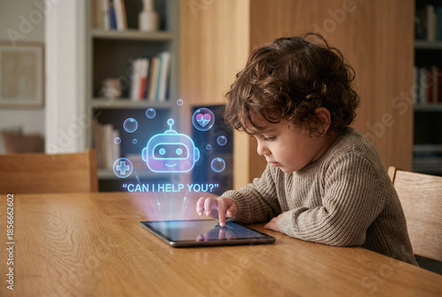 Little child using digital tablet with cute AI chatbot assistant hologram, kids technology and education concept.